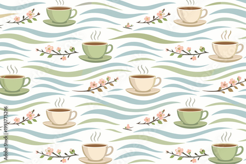 Pattern showing cups of coffee and floral designs on a light background with wavy lines in blue and green