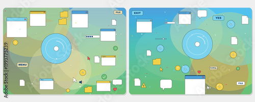Retro Y2K interface vector set, pastel gradient UI elements, cartoon popup windows, speech bubbles, buttons and icons. Nostalgic 90s desktop aesthetic kit