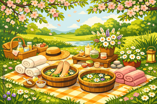 Relaxing day outdoors with foot baths and refreshments in a sunny garden near a river surrounded by nature and flowers