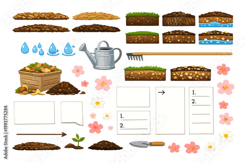Learning about gardening basics with soil, water, seeds, and tools for planting and composting at home