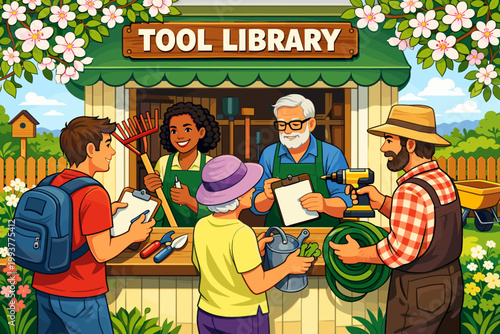 Community members visit a tool library to borrow and return gardening tools in a vibrant outdoor setting during the daytime