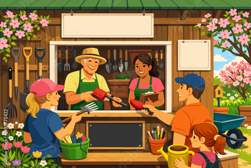 Gardeners visit a tool shop in spring to buy gardening supplies and tools for their plants and flowers during a sunny day