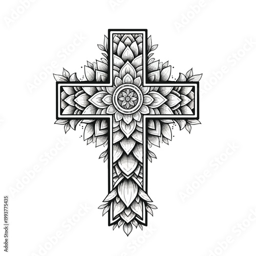 Intricate black and white cross tattoo design with mandala floral patterns, symbolizing faith and spirituality