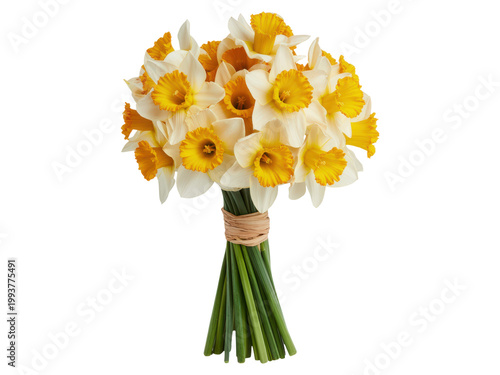 Bouquet of fresh yellow and white daffodils isolated on transparent background