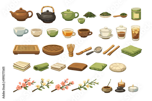 Collection of tea utensils and accessories displayed on a white background for tea preparation and enjoyment