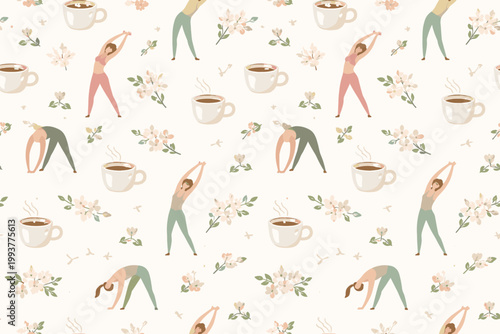 Women doing yoga poses with coffee cups and flowers in a light background design showing wellness themes