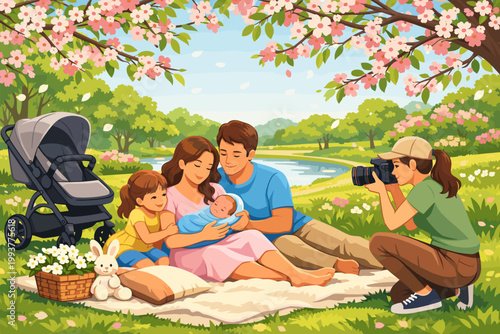 Family enjoys a spring day at the park while a photographer captures moments with a camera