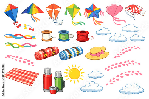 Colorful kites, picnic items, and sunshine for outdoor fun during a bright day at the park