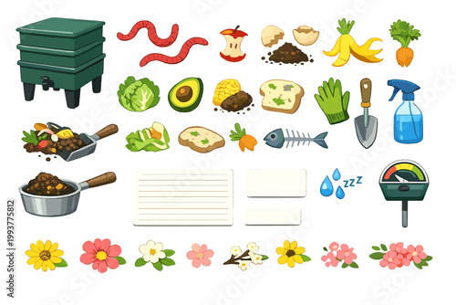 Garden tools and compost materials for home gardening in a backyard setting during late spring or early summer