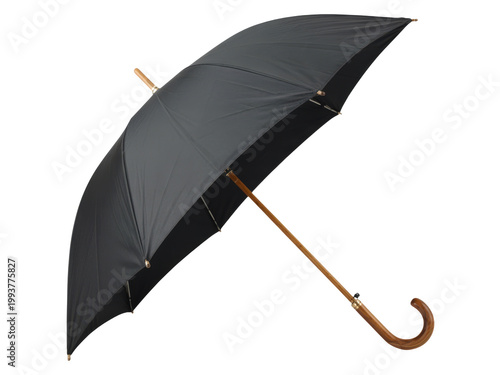 Classic black umbrella with wooden handle isolated on transparent background