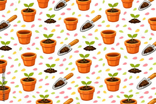 Colorful background with plant pots, soil, and gardening tools on a light surface, ideal for gardening and plant enthusiasts