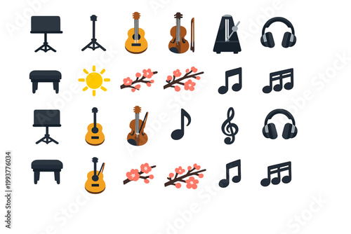 Musical instruments and symbols arranged in a grid, showcasing guitars, notes, and other music-related items