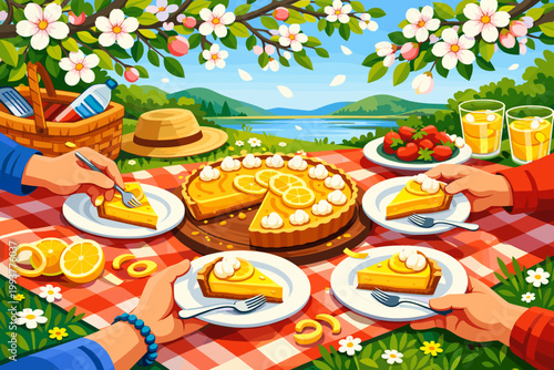 Friends enjoy lemon tart at picnic by the lake during sunny spring day with flowers and trees in the background