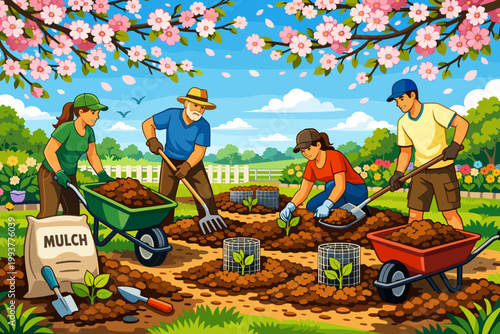 Gardening team working in a colorful garden during a sunny day with flowers and trees around them