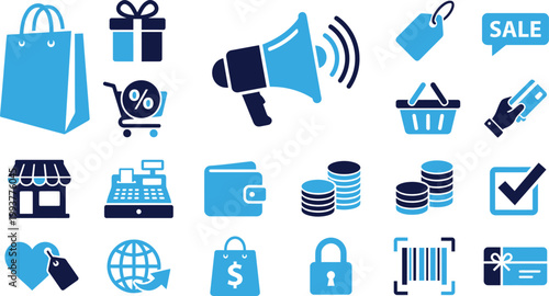 Shopping icons for retail commerce and marketing vector set blue theme.