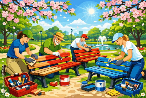 People paint benches in a park during a sunny day with trees and flowers around