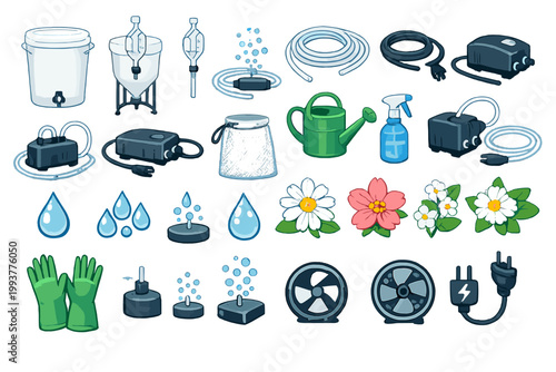 Tools and equipment for gardening and water management in a home setting during daytime hours
