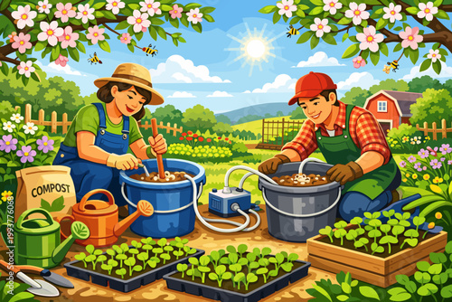 Gardeners prepare plants and soil in a sunny garden during springtime with flowers and a bright sky