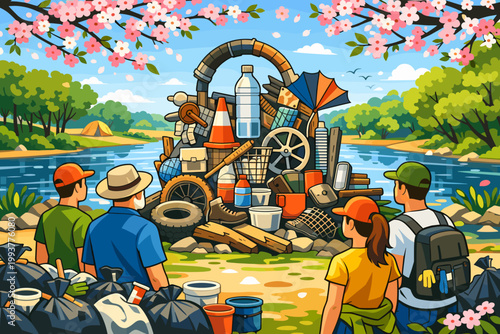 Community members gather to clean up trash near a river with blooming trees in springtime
