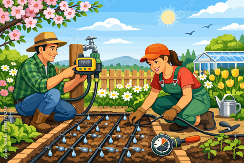 Gardening workers use tools and equipment during daytime in a garden with flowers and plants