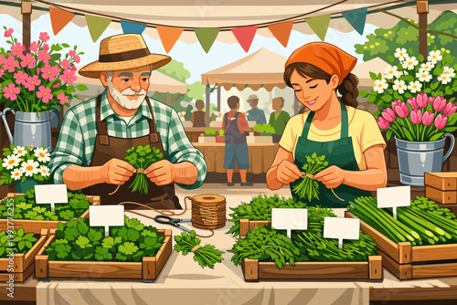 Two people work together at a market stall preparing fresh herbs and plants for sale during a sunny day in a local market