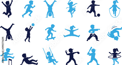 Set of blue and dark blue icons depicting children engaged in various sports and recreational activities like jumping, running, and playing.