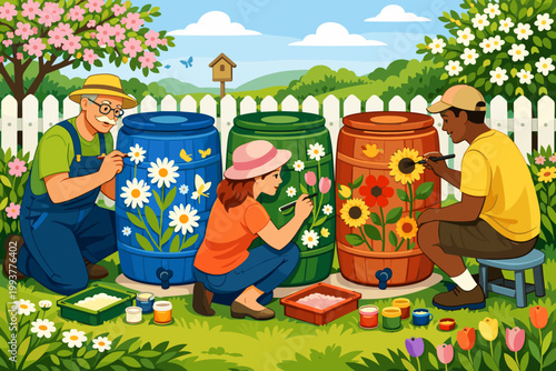 Group of people painting rain barrels in a garden during springtime