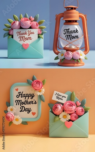 Happy Mother's Day greeting card set, 3D clay style floral envelopes and lantern, Thank You Mom message with pink roses and daisies