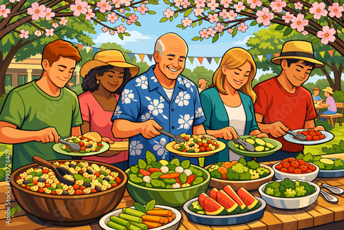People enjoy a salad buffet at a garden event in spring with tables full of fresh food and decorations