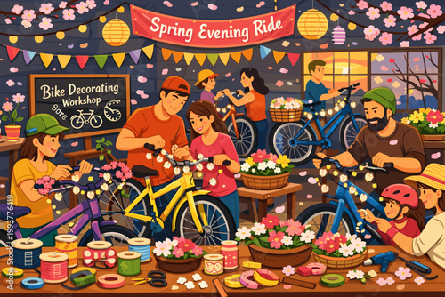 Bike decorating workshop during spring evening ride with people working together to decorate bicycles with flowers and lights