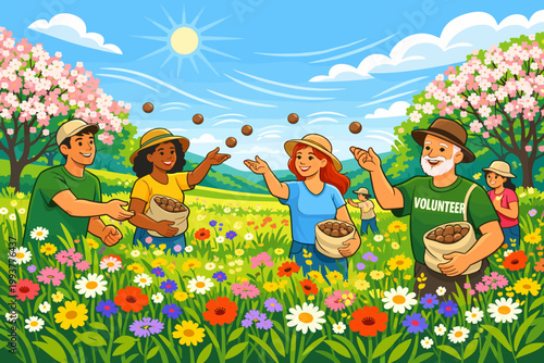 Group of people volunteers collecting seeds in a flower field during a sunny day in spring while enjoying nature and community work