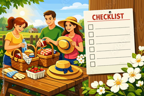 Friends prepare for picnic in sunny park with checklist and baskets during afternoon in a green garden setting