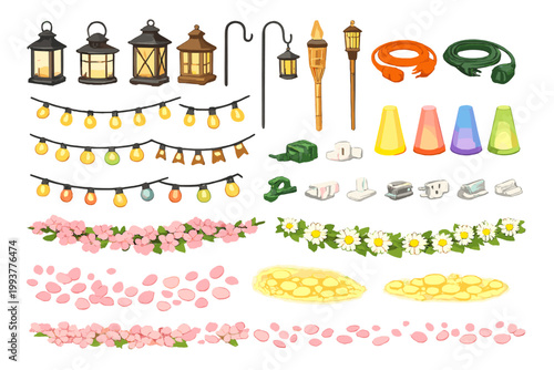 Decorative items for outdoor gatherings with lights, flowers, and tools for setting up events