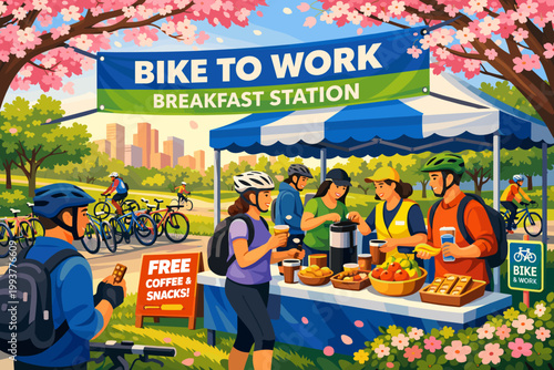 People enjoy breakfast at a Bike to Work station in a park during spring with trees in bloom and cyclists around