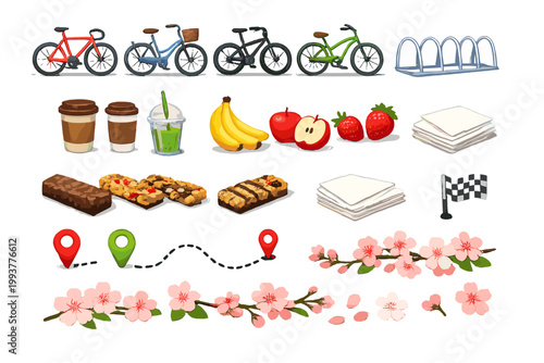 Different types of bicycles, fruits, drinks, and snacks arranged in an outdoor setting with flowers and location markers