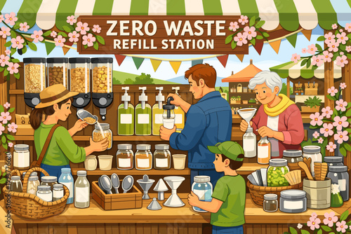 People fill containers at a zero waste refill station in a market during daylight hours with various food items on display