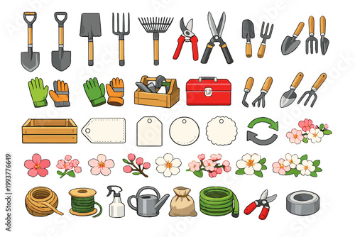 Gardening tools and supplies arranged in a flat layout for planting and maintenance activities