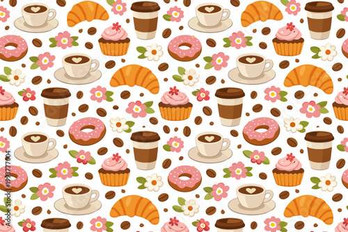 Delicious treats and coffee cups in a colorful pattern on a white background