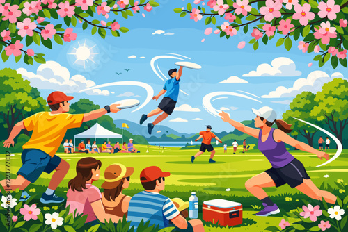 People enjoy playing frisbee in a park on a sunny day while others relax and watch the game nearby