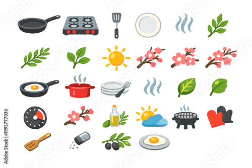 Cooking tools and ingredients are arranged in a colorful design that shows food preparation and outdoor cooking activities at a sunny time