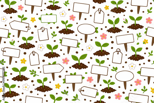 Plants and gardening signs in a colorful pattern with flowers and soil showing growth and nature