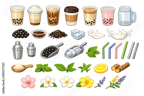 Different types of bubble tea drinks, ingredients, and tools arranged on a plain background for a drink making guide