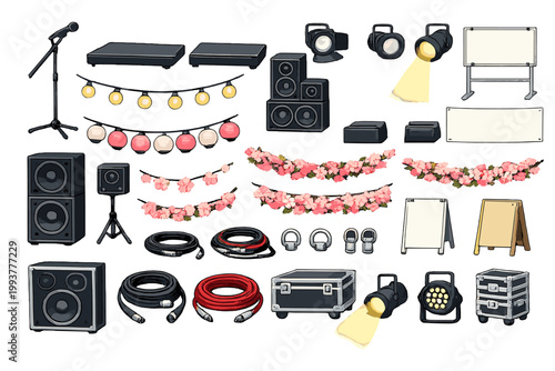 Watercolor set of stage event equipment and decorations