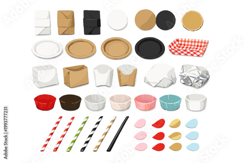 Different types of food containers and utensils for serving snacks and meals in various colors and shapes used for events and gatherings