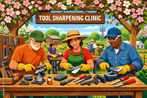 Community members work together at a tool sharpening clinic in a garden during the daytime