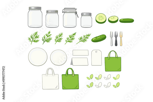 Containers, cucumber, plates, utensils, and bags show items for a cooking activity at home on a bright day in the kitchen