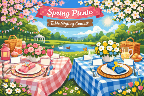 Spring picnic with table styling contest near a lake on a sunny day with flowers and trees in a park setting
