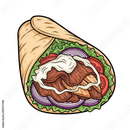 Delicious Shawarma Wrap with Meat, Vegetables, and Sauce - Vector Illustration