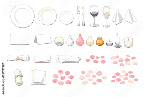 Table setting for a special event with various tableware, glasses, and decorations arranged in an organized manner