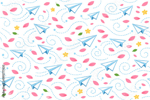Colorful paper planes and leaves fly in a playful pattern on a white background during spring season